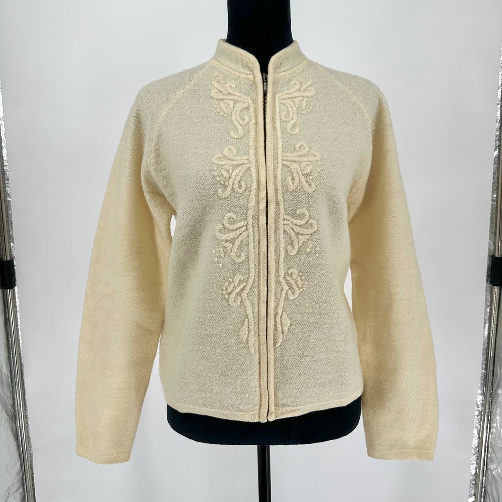 Karen Scott Cream 100% Wool Embroidered Knit Sweater Zip Jacket‎ Mock Neck M